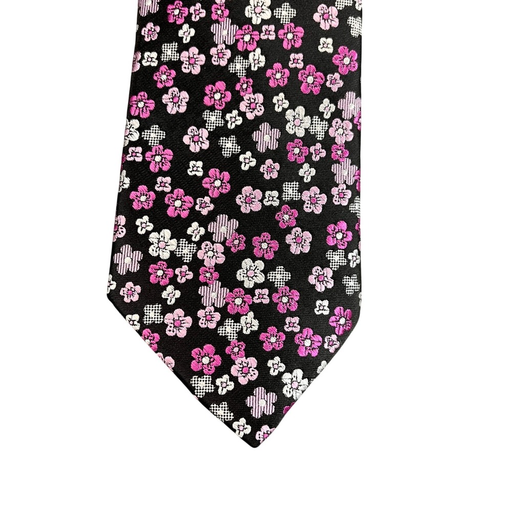 Bespoke New York Mens Necktie Black Pink Purple Floral Flower Print Polyester